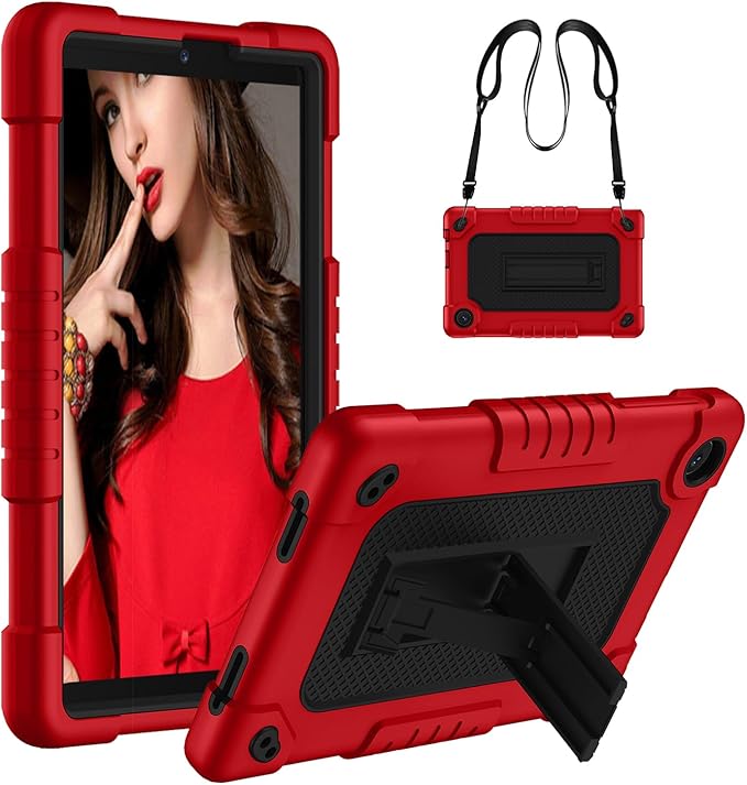for TCL Tab 8 LE Tablet Case,Shoulder Strap Soft Silicone&Hard Back Shockproof Kids Friendly Case for TCL Tab 8 LE/TCL Tab 8 WiFi/TCL TAB 8V/TCL Tab 8 SE/TCL Tab 8 Plus 8 Inch(Red/Black)