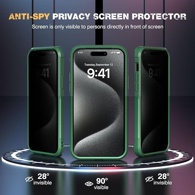 Diaclara Designed for iPhone 15 Pro Max Case, [with Privacy Screen Protector] [Anti Spy] [Military Grade Drop Protection] Heavy Duty Full-Body Shockproof Phone Case, Green