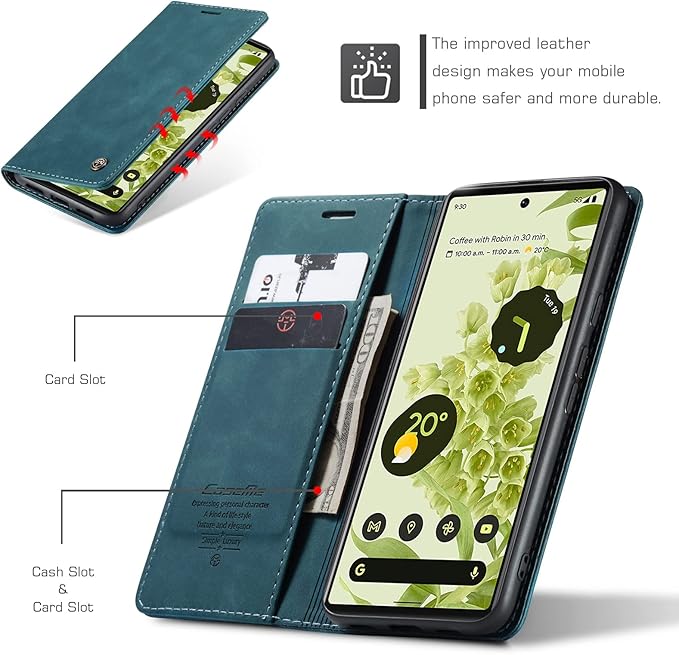 for Google Pixel 6 Case, Flip Wallet Leather Case with Card Holder Magnetic Closure Shockproof Kickstand Protective Phone Cases Cover for Google Pixel 6,Blue-Green