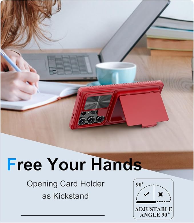 for Samsung Galaxy S23 Ultra Case with Card Holder (Store 4-5 Cards) & Slide Camera Cover & Kickstand, Military Grade Drop Protection, Shockproof Wallet Cases for Samsung S23 Ultra, Red