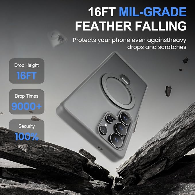 360° Rotatable Stand for Samsung Galaxy S25 Ultra Case Magnetic with Screen Protector X1 & Camera Lens Protector*1, Compatible with MagSafe, 16FT Mil-Grade Shockproof for S25 Ultra Case 6.9",Gray