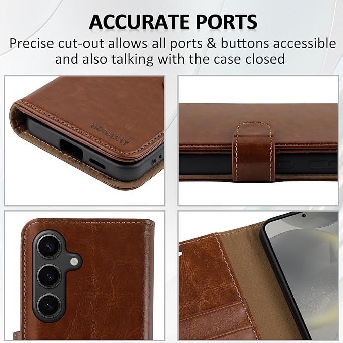 MONASAY Wallet Case Fit for Samsung Galaxy S24 5G, [Lens & Glass Screen Protector Included] [RFID Blocking] Flip Folio Leather Cell Phone Cover with Credit Card Holder, 6.2 inch, Brown