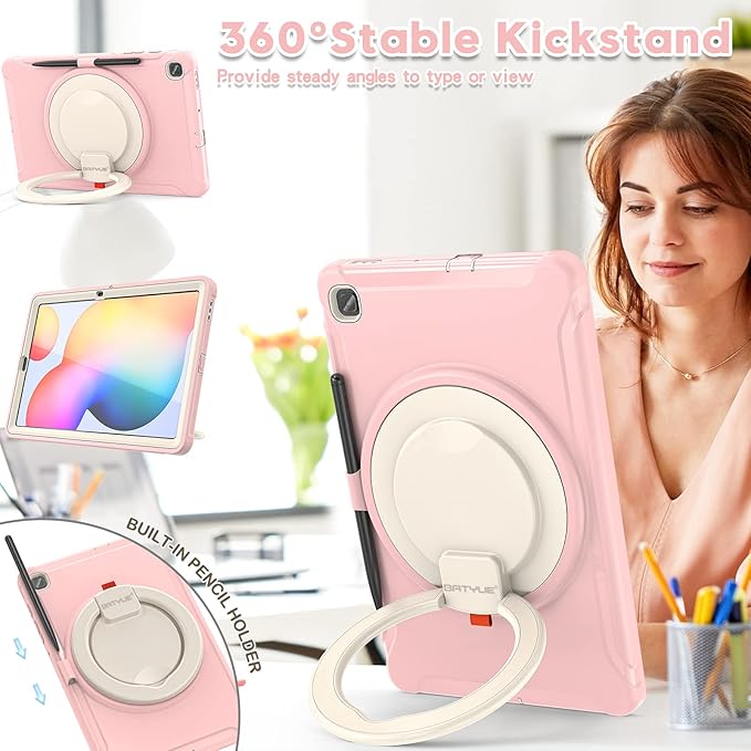 BATYUE Case for Samsung Galaxy Tab S6 Lite 10.4 Inch 2024/2022/2020 (SM-P610/P613/P615/P619/P620/P625/P627), Protective Rugged Cover with Stand, for Kids, Boys, Girls, Cheery Pink