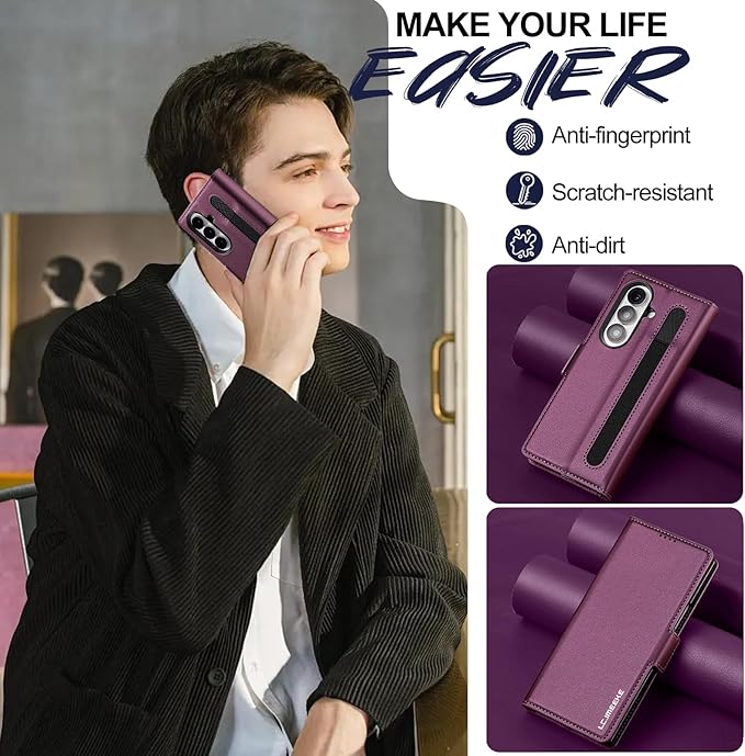 HXY Wallet Case for Samsung Galaxy Z Fold 7 with S Pen Holder, PU Leather Magnetic Flip Case for Men Women with Card Holder Kickstand Shockproof Protection Case for Galaxy Z Fold 7 2025 (Purple)