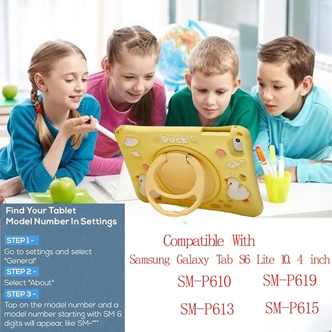 3D Cute Press Duck Case for Samsung Galaxy Tab S6 Lite 10.4 inch SM-P620/P625/P610/P613/P615/P619,Kawaii Cartoon Character Duck Soft Silicone Rotating Stand Case with Lanyard for Kids Teens Girls