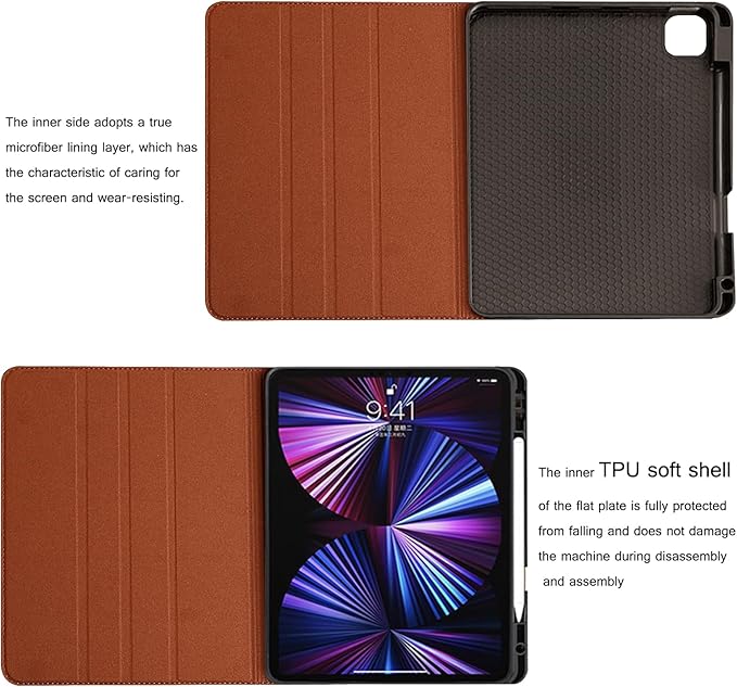 for Ipad Case Air 13-inch M3/M2 2025/2024(Model:A3268/A3269/A2898/A2899) Genuine Leather Cover Protective Shell,Built-in Pencil Holder and Auto Wake/Sleep.Brown