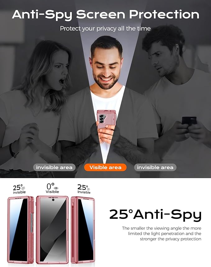 for Galaxy Z Fold 6 Case, S Pen Holder & Privacy Screen Protector & Kickstand & Hinge Protection, Slim Rugged Military-Grade Shockproof Protective Phone Case for Samsung Fold 6 Case (Pink)