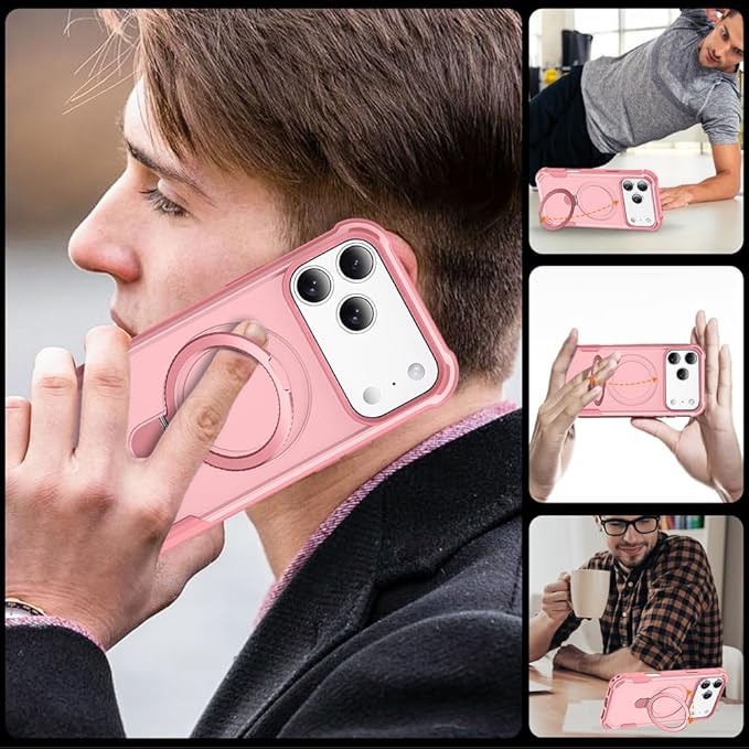 Designed for iPhone 17 Pro Max Case with Magnetic Stand [Military Drop Protection][Compatible with Magnet] Shockproof 17 Pro Max Phone Case with Ring Holder, Pink