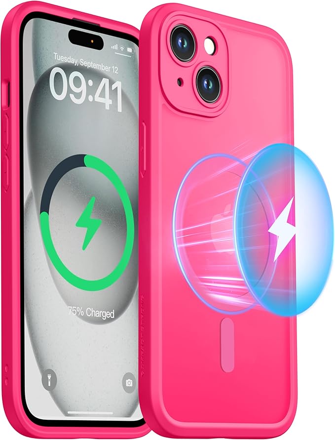 ImpactStrong Magnetic Guard Designed for iPhone 15 Case [Camera Protection] [Military Grade Drop Tested] [Compatible with MagSafe] Slim Translucent Matte Phone Case (6.1") - Hot Pink