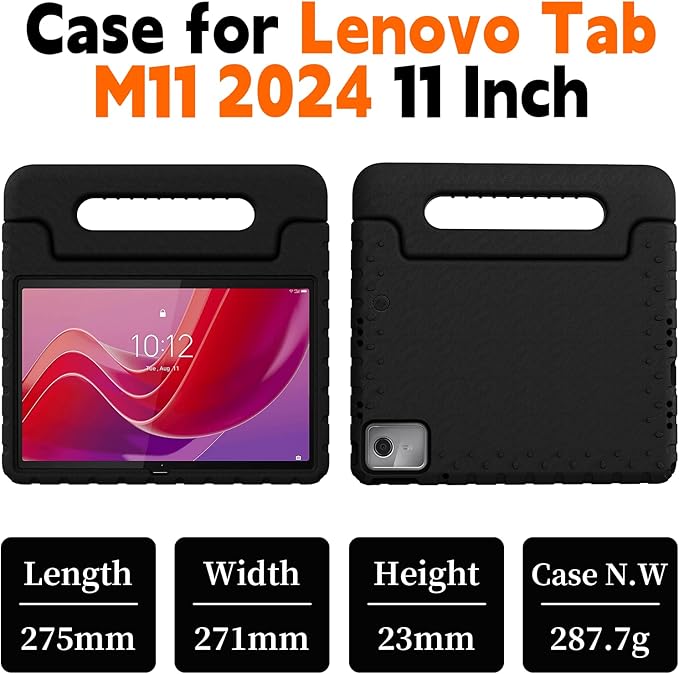 for Lenovo Tab M11 Case with Rotating Handle Stand, New Kids Heavy Duty Shockproof Cover for Lenovo Tab M11/Tab K11 LTE 11" 2024, Black