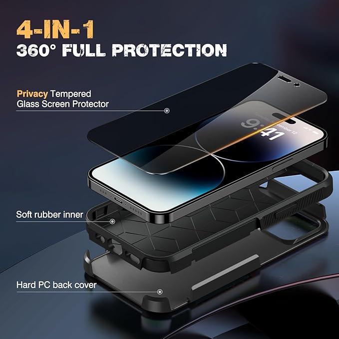 Diaclara Designed for iPhone 14 Pro Max Case, [with Privacy Screen Protector] [Anti Spy] [Military Grade Drop Protection] Heavy Duty Full-Body Shockproof Phone Case, Black