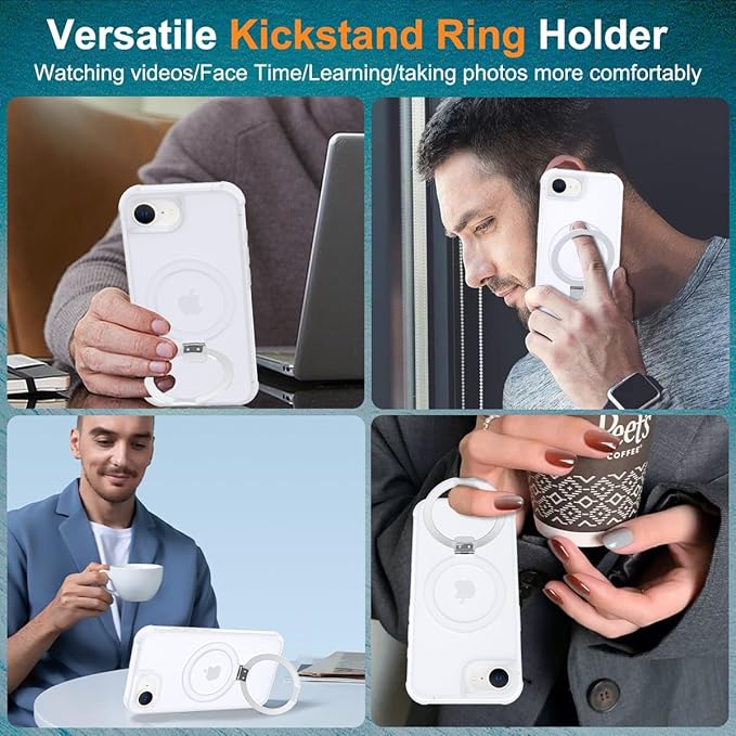 Magnetic Compatible with iPhone 16E Case 2025 with Stand [Military Grade Drop Tested][Compatible with Magnet] Ring Translucent Slim Hard Back Soft Edge, Frost White