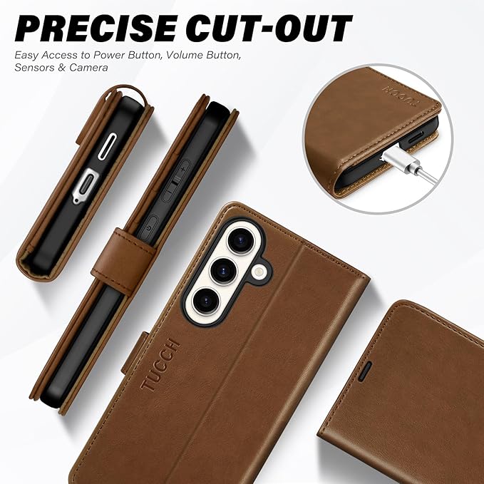 TUCCH Case Wallet for Galaxy S25 Plus 5G, Magnetic PU Leather Kickstand [RFID Blocking] Card Slot Protective Flip Cover with [TPU Shockproof Interior Case] Compatible with Galaxy S25 Plus 6.7", Brown