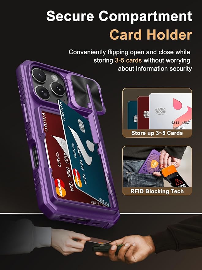 Vihibii for iPhone 16 Pro Case Wallet with Card Holder (4 Cards) [RFID Blocking] & Slide Camera Cover, Military Grade Drop Protection, Hard Back & Silicone Edge Phone Cover, 6.3" 2024, Dark Purple