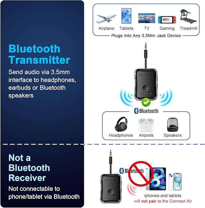 Premium Bluetooth 5.4 Transmitter, Airplane Wireless Adapter, Supports 2 AirPods/Headphones, Bluetooth Transmitter for TV, Airplane, Gym, with aptX Adaptive & Low Latency