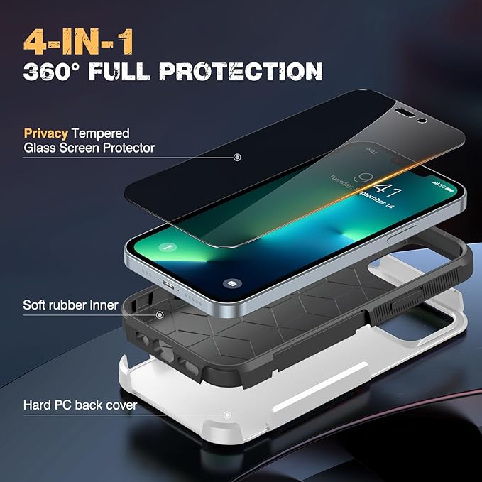 Diaclara Designed for iPhone 13 Pro Max Case, [with Privacy Screen Protector] [Anti Spy] [Military Grade Drop Protection] Heavy Duty Full-Body Shockproof Phone Case, White