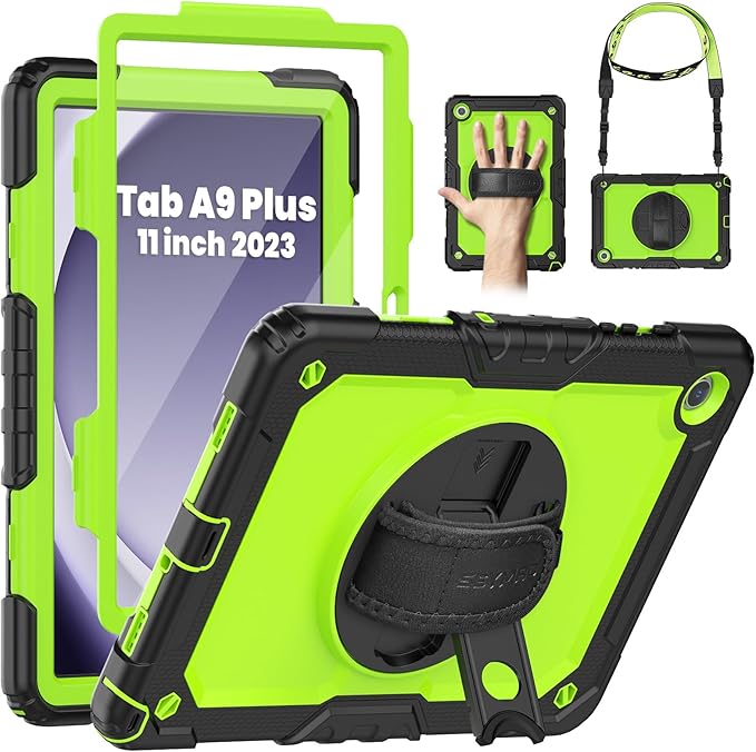 SEYMAC Case for Samsung Galaxy Tab A9+/ A9 Plus Case 11" (SM-X210/X216/X218), Heavy Duty Shockproof Protective Case with Screen Protector, Rotating Stand, Hand/Shoulder Strap, Green