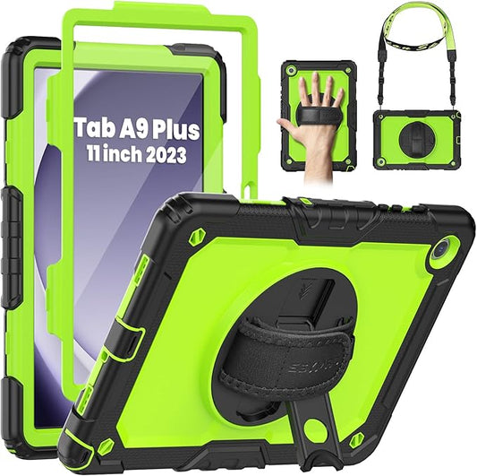 SEYMAC Case for Samsung Galaxy Tab A9+/ A9 Plus Case 11" (SM-X210/X216/X218), Heavy Duty Shockproof Protective Case with Screen Protector, Rotating Stand, Hand/Shoulder Strap, Green