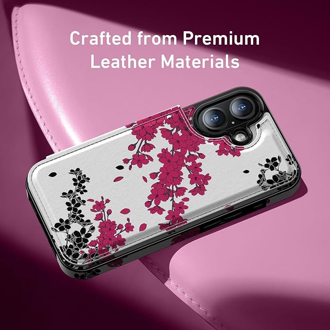 FUNMIKO for iPhone 16 Wallet Case with Card Holder, RFID-Blocking, Military-Grade Protection & UV-Printed Artwork, Magnetic Closure with Leather Kickstand - Dramatic Blossom Drift