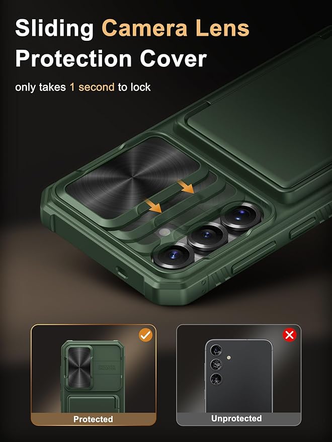 Vihibii for Samsung Galaxy S25+ Plus Wallet Case, Built-in Card Holder (4 Cards), [RFID Blocking] & Slide Camera Cover, Military Grade Drop Protection, TPU Soft Edge Case for Galaxy S25+ Plus, Green