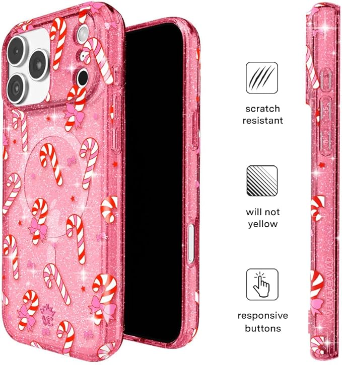 VELVET CAVIAR Case for iPhone 17 Pro Max | Compatible with MagSafe | 10ft Drop Tested | Protective Christmas Cases | Pink Peppermint Glitter