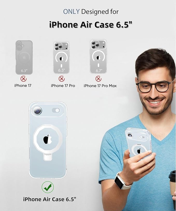 Compatible with iPhone Air Case, Built-in Screen Protector & Seamless Stand, with Camera Lens Protector, Strong Magnetic Clear Phone Case, Full Body Protective Cover for 6.5" (Clear)