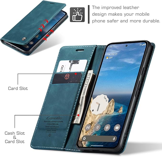 for Google Pixel 10 Pro/Pixel 10/Pixel 9/Pixel 9 Pro Case, Flip Wallet Leather Case with Card Holder Magnetic Closure Shockproof Kickstand Protective Phone Cases Cover, Blue-Green