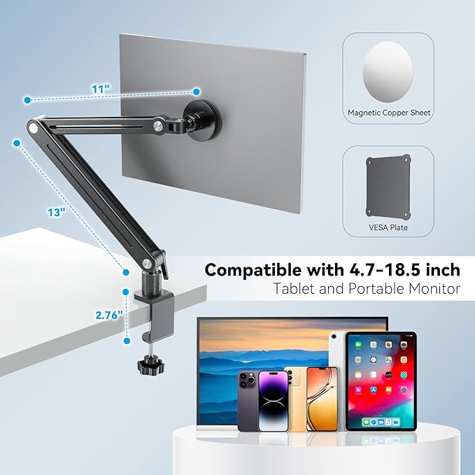 Strong Magnetic Portable Monitor Desk Clamp - 75mm VESA Mount 4.7" 15.6" 16" 17.3" 18.5 inch 360° Rotate Base Tablet Holder Arm JK07B1