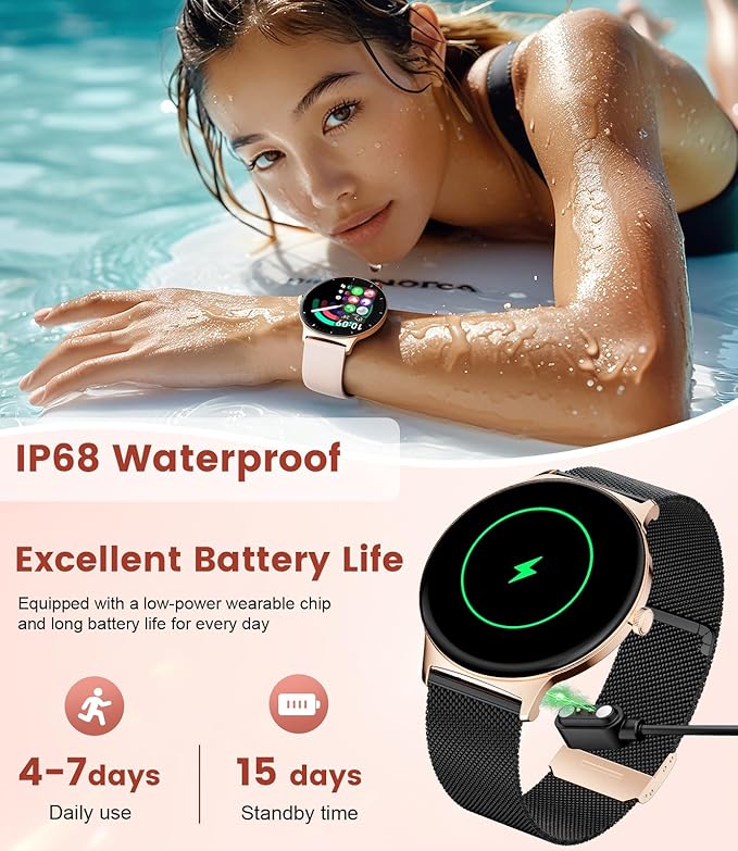 Smart Watches for Women, 1.43" AMOLED Display Fitness Tracker with Bluetooth Make/Answer Call, Heart Rate/Sleep Monitor/Female Cycle, 100+ Sports Modes, IP67 Waterproof for Android/iPhone