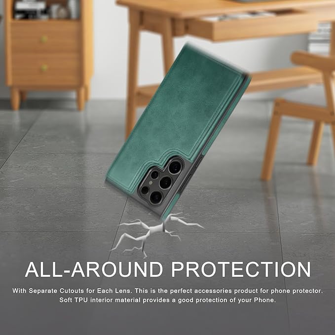 DJDUCK Designed for Samsung Galaxy S25 Ultra Case Wallet with Card Holder, [Magnetic Clasp Cover] [RFID Blocking Leather Protection] Shockproof Women Men Cases for Samsung S25 Ultra Sea Green