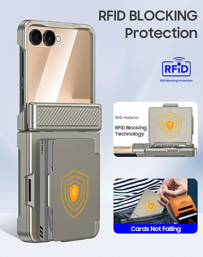 for Samsung Galaxy Z Flip 7 Case Wallet RFID Card Holder&Hinge Protection&HD Screen Protector, Full Body Shockproof Cover for Galaxy Z Flip 7(Natural Titanium)