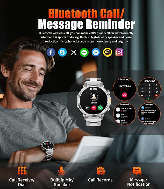 SUNKTA EF15 Military Smart Watch for Men, 1.75" HD Large Screen Smartwatch, 110+ Sport Mode Fitness Tracker, Bluetooth Call/LED Flashlight/Pedometer/IP68 Waterproof Mens Smart Watches for Android iOS