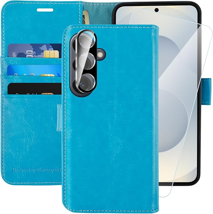 MONASAY Wallet Case Fit for Samsung Galaxy S25+ Plus 5G, [Lens & Glass Screen Protector Included] [RFID Blocking] Flip Folio Leather Cell Phone Cover with Credit Card Holder, 6.7 inch, Light Blue
