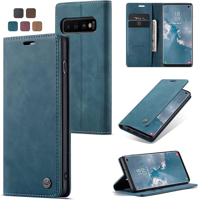 for Samsung Galaxy S10 Case, Flip Wallet Leather Case with Card Holder Magnetic Closure Shockproof Kickstand Protective Phone Cases Cover for Samsung S10,Blue-Green