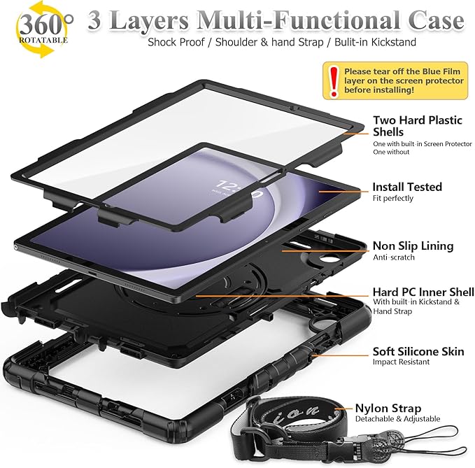 SEYMAC stock Case for Samsung Galaxy Tab A9 8.7'', Full-Body Drop Protection Case with Screen Protector Pencil Holder [360° Rotating Hand Strap] &Stand, Black