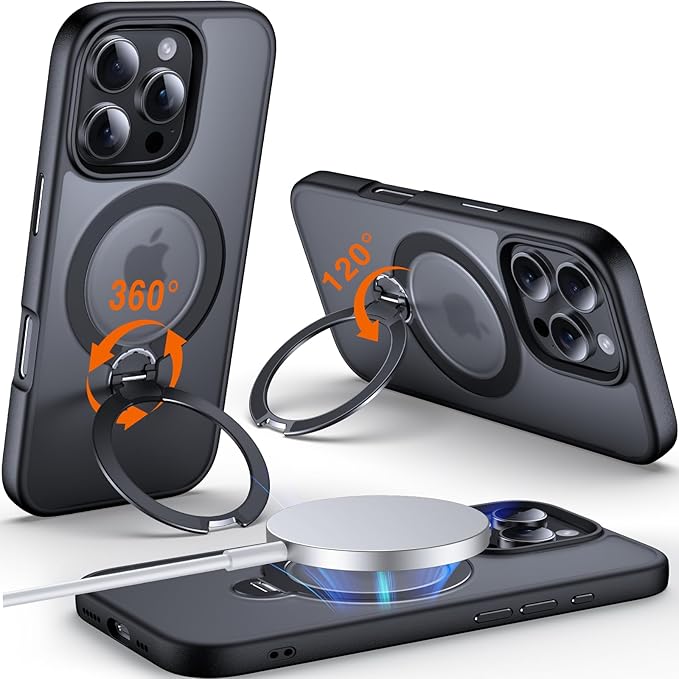 360° O-Ring MagStander for iPhone 16 Pro Case with Magnetic Kickstand Ring Holder [Compatible with MagSafe][360°Rotate Stand Ring][Military Shockproof] iPhone 16 Pro Phone Cover Matte Black