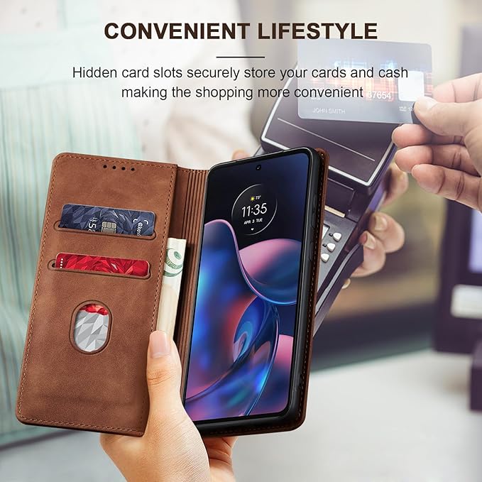 Jasonyu Flip Wallet Case for Motorola Edge (2022) Moto,Leather Magnetic Folio Cover with Card Holder,Kickstand - TPU Shockproof Durable Protective Phone Case,Brown