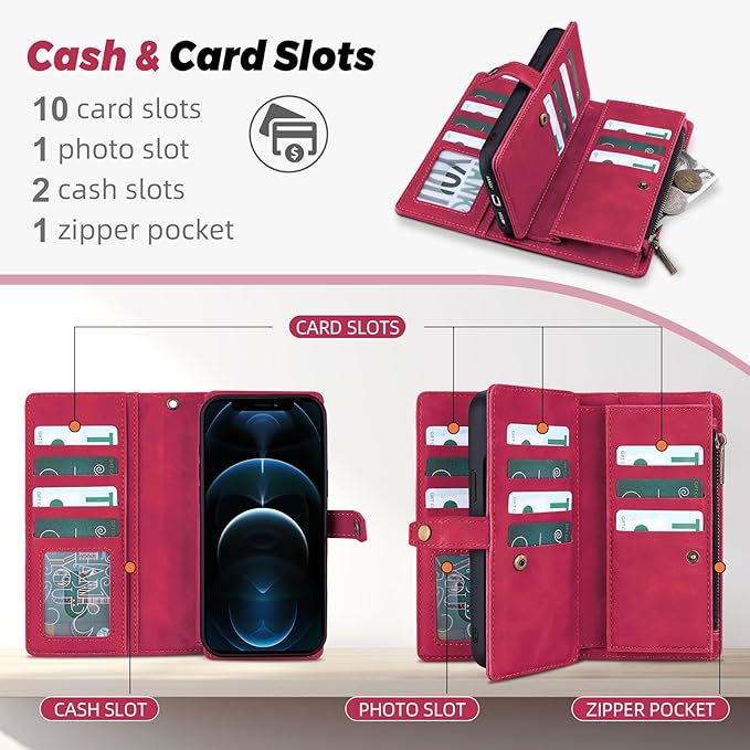 TwoHead for iPhone 12 Pro Max Wallet Case with Card Holder,Detachable Magnetic 12 Pro Max Phone Case, PU Leather Shockproof Protective Cover Wallet for Women/Men,6.7IN,Wine Red