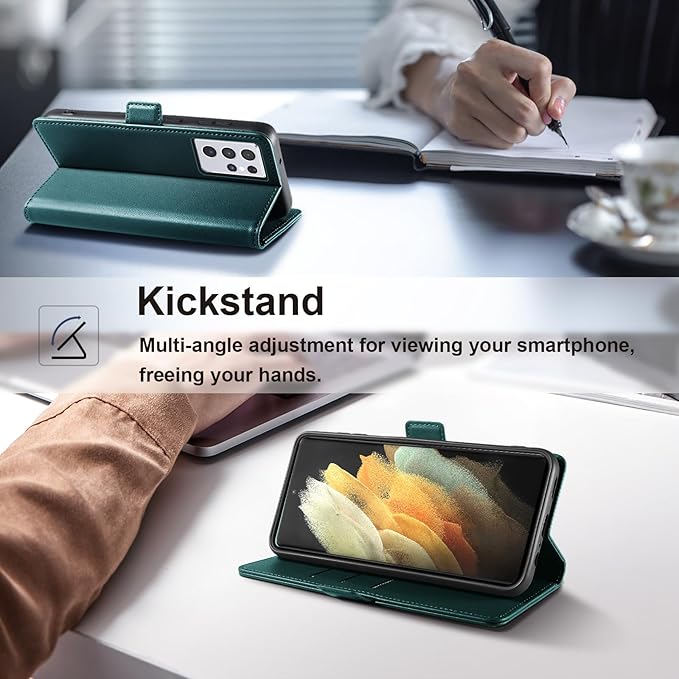 Wallet Flip Case for Samsung Galaxy S21 Ultra 5G - [RFID Blocking] Luxury PU Leather Card Holder Magnetic Phone Cover with Kickstand,Shockproof Protective Case,Green