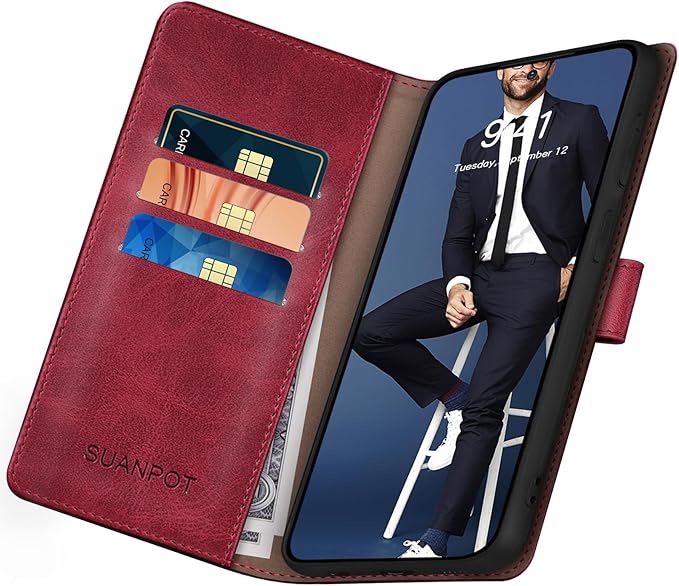 SUANPOT Compatible with Samsung Galaxy S25 FE 5G Wallet case with RFID Blocking Credit Card Holder,Flip Book PU Leather Protective Cover Men Women for Samsung S25 FE case Red