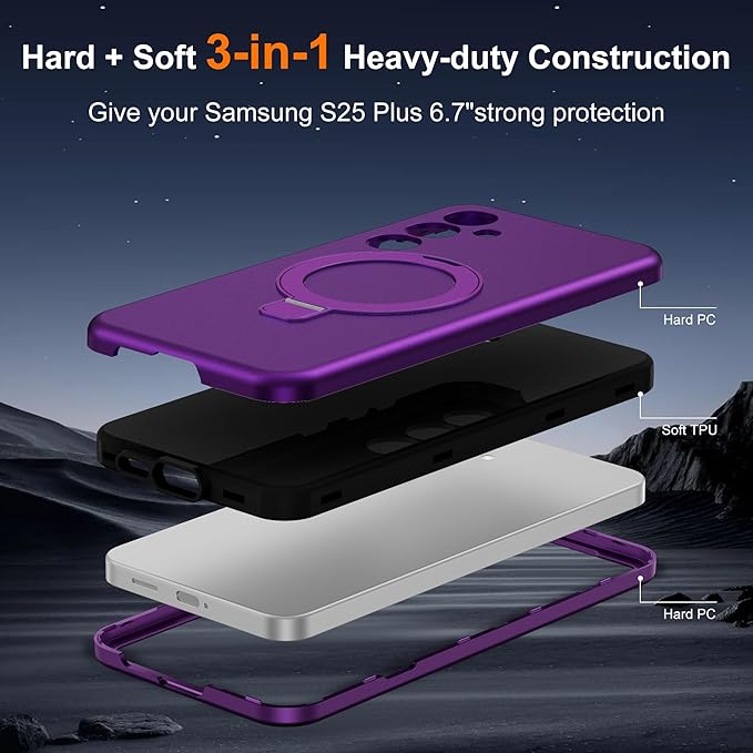Designed for Samsung Galaxy S25 Plus Case with Magnetic Ring Stand [Compatible with Mag-Safe][Military Grade Drop Protection][Build in Kickstand] Shockproof S25+ Phone Case 6.7",Purple