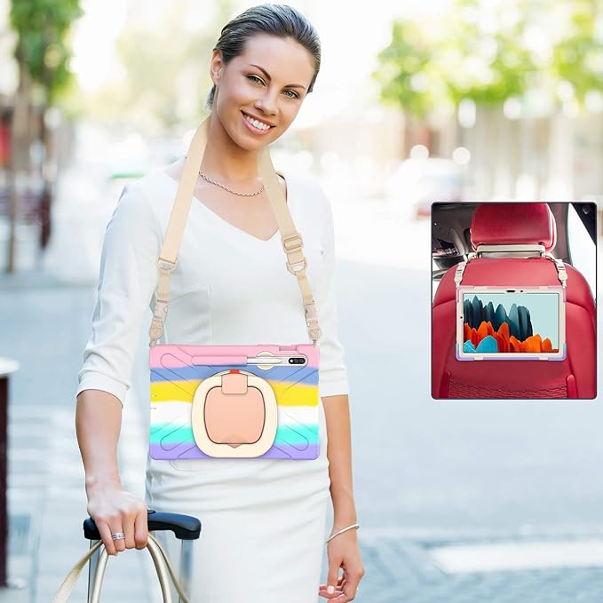 Samsung Galaxy Tab S8 11" / S7 11" 360 Rotation Case with S Pen Holder, Rugged Rotating Stand, Hand & Shoulder Strap, Outdoor Cover (Colourful Pink)