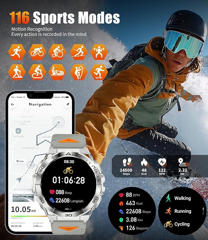 Military Smart Watch for Men,1.6" AMOLED Screen /600mAh Battery/5ATM Waterproof Smartwatches (Answer/Dial Calls) Fitness Tracker with Heart Rate/Sleep Tracking/Blood Oxygen for Android/iOS Silver