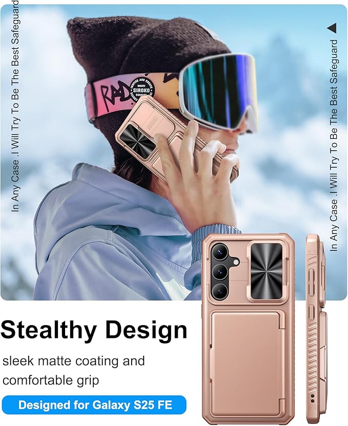 for Samsung Galaxy S25 FE Phone Case Wallet, Card Holder (4-5 Cards), Slide Camera Cover, Military Grade Protection, Rugged Hard Women Girly Men Protective Case for Galaxy S25 FE 6.7", Rose Gold