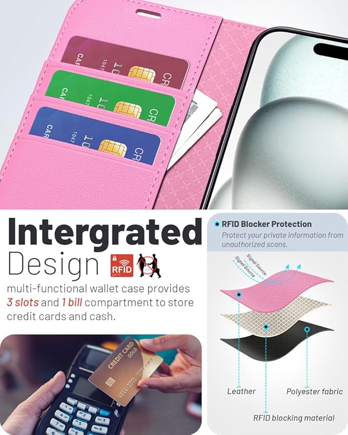 OCASE Compatible with iPhone 16 Wallet Case, PU Leather Flip Folio Case with Card Holders RFID Blocking Kickstand [Shockproof TPU Inner Shell] Phone Cover 6.1 Inch 2024, Pink