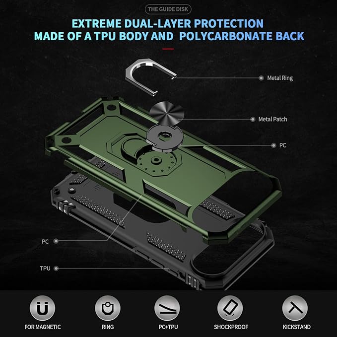 ADDIT Compatible with iPhone 17 Air Case with Tempered Glass Screen Protector, Adjustable Kickstand Ring, Military-Grade Heavy Duty Protection, Shockproof, Anti-Fingerprint,ArmyGreen