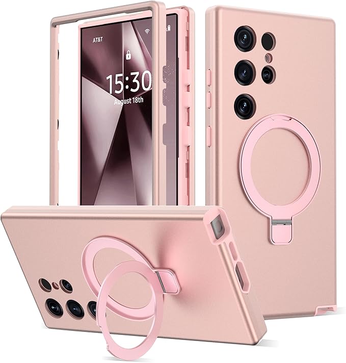 Designed for Samsung Galaxy S24 Ultra Case with Magnetic Ring Stand [Compatible with Mag-Safe][Military Grade Drop Protection][Build in Kickstand] S24 Ultra Phone Case 6.8",Rose Gold