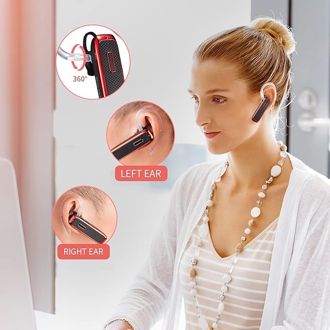 Bluetooth Headset, Hands-Free Wireless Earpiece w/ 18 Hours Playtime and Noise Cancelling Mic for iPhone Samsung Android Cellphone Truck Driver - Red