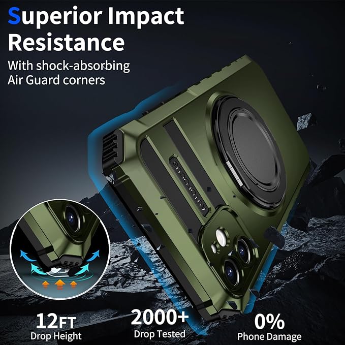 for iPhone 11 Case Compatible with MagSafe Magnetic,with 2 Tempered Glass Screen Protectors,Built-in 360°Kickstand Ring,Military Grade Drop Shockproof Heavy Duty Protection Phone Bumper Green