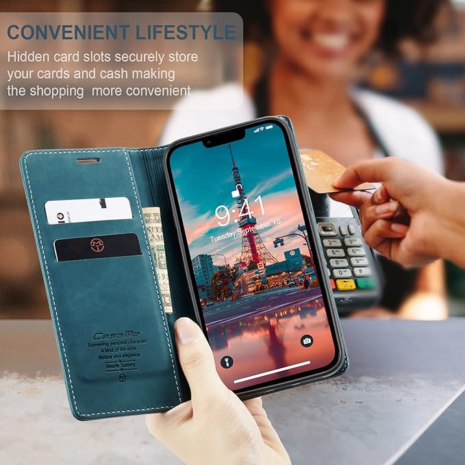 for iPhone 14 Case, Flip Wallet Leather Case with Card Holder Magnetic Closure Shockproof Kickstand Protective Phone Cases Cover for iPhone 14, Blue-Green